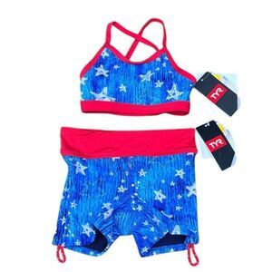 TYR Red and Blue Star Swim Top and Shorts, Size XS Girls